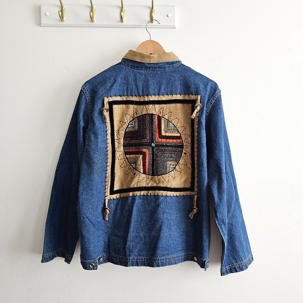 Vintage S Collection Beaded Denim Jacket Boho Western Cowgirl Aztec – Size Small